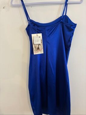 Honey and Rosie Royal Blue Satin Cowl Adjustable Straps Mini Dress Sz L NWT